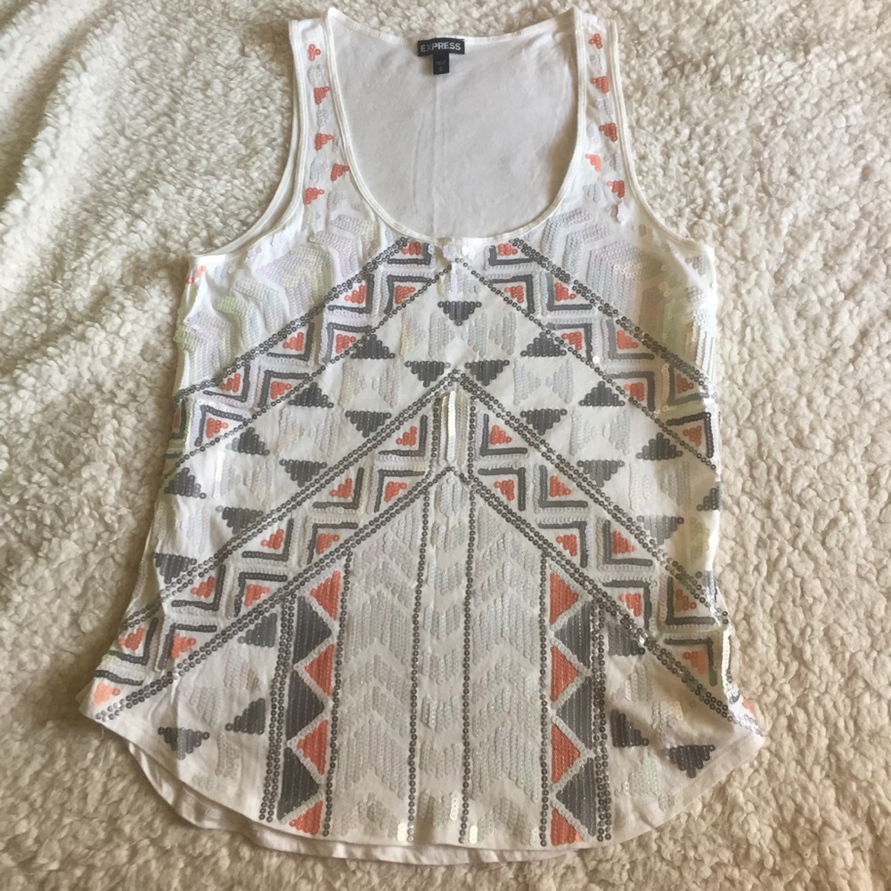 Express Sequined Tribal Pattern Stretch Tank Top